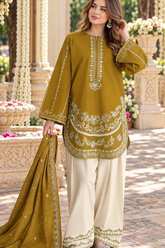 Mustard silk blend semi stitched suit with embroidery work