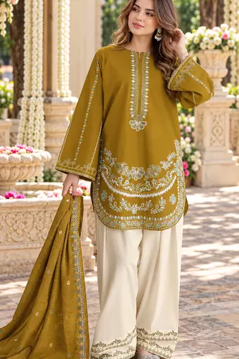 Mustard silk blend semi stitched suit with embroidery work