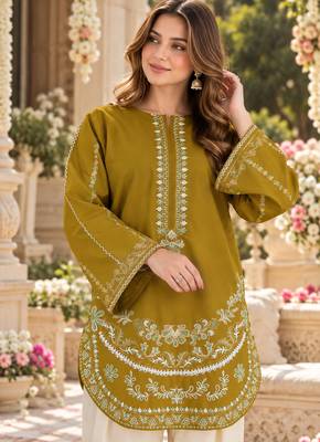 Mustard silk blend semi stitched suit with embroidery work 2