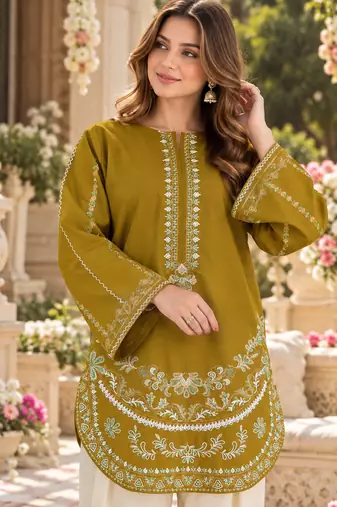 Mustard silk blend semi stitched suit with embroidery work