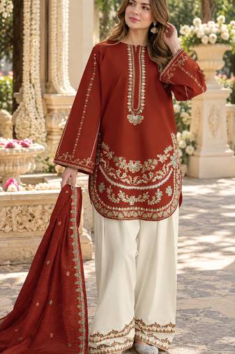 Red silk blend semi stitched suit with embroidery work