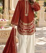 Red silk blend semi stitched suit with embroidery work
