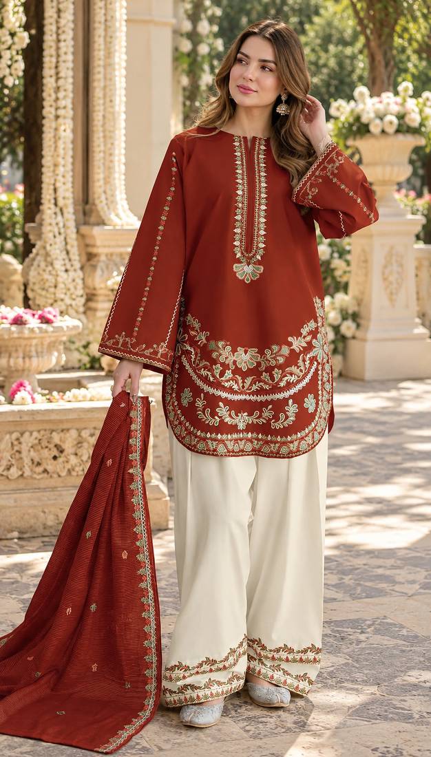 Red silk blend semi stitched suit with embroidery work