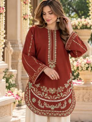 Red silk blend semi stitched suit with embroidery work 2