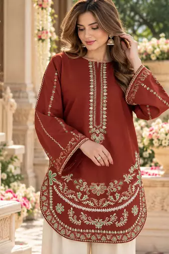 Red silk blend semi stitched suit with embroidery work