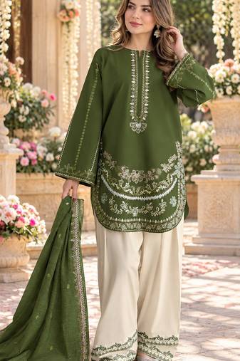 Green silk blend semi stitched suit with embroidery work