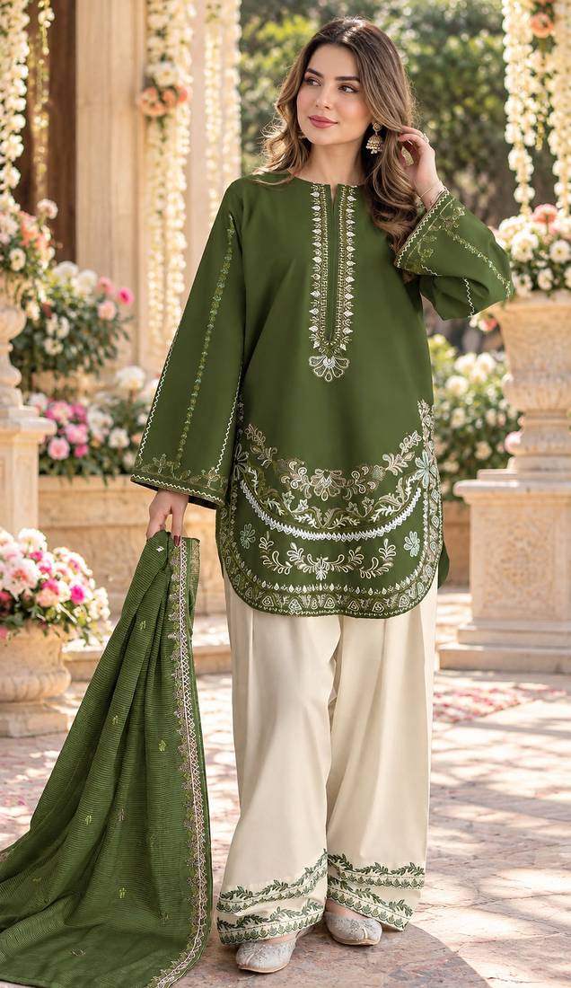 Green silk blend semi stitched suit with embroidery work