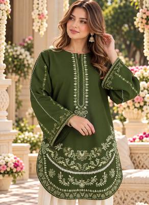 Green silk blend semi stitched suit with embroidery work 2