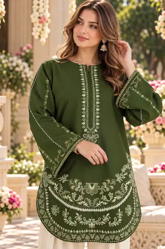 Green silk blend semi stitched suit with embroidery work