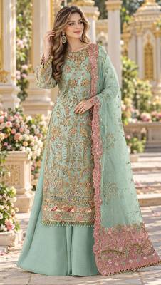 Sky blue chiffon semi stitched suit with embroidery & sequence work 1