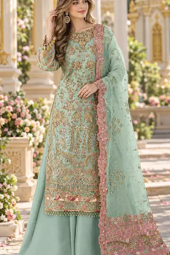 Sky blue chiffon semi stitched suit with embroidery & sequence work
