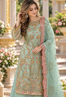 Sky blue chiffon semi stitched suit with embroidery & sequence work 2