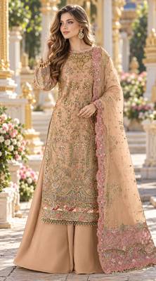 Orange chiffon semi stitched suit with embroidery & sequence work 1