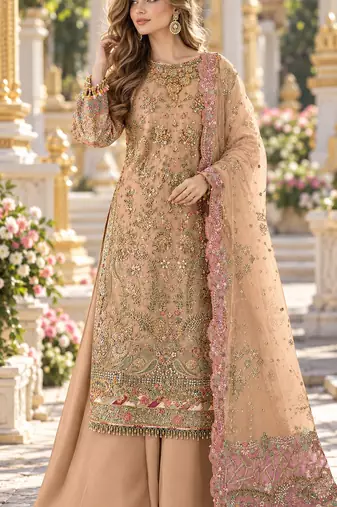 Orange chiffon semi stitched suit with embroidery & sequence work