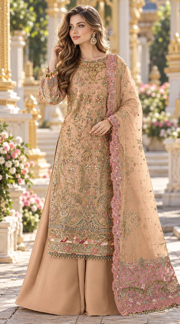 Orange chiffon semi stitched suit with embroidery & sequence work