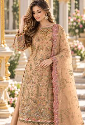 Orange chiffon semi stitched suit with embroidery & sequence work 2