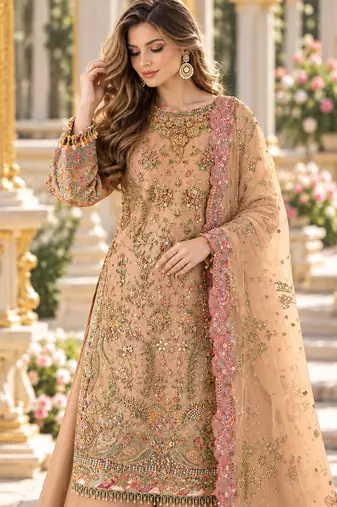 Orange chiffon semi stitched suit with embroidery & sequence work