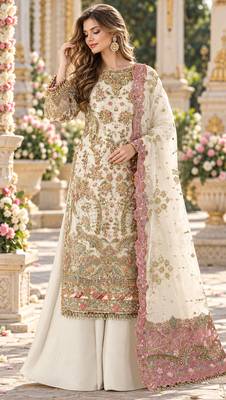 White chiffon semi stitched suit with embroidery & sequence work 1
