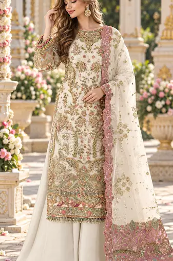 White chiffon semi stitched suit with embroidery & sequence work