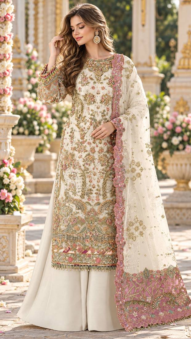 White chiffon semi stitched suit with embroidery & sequence work