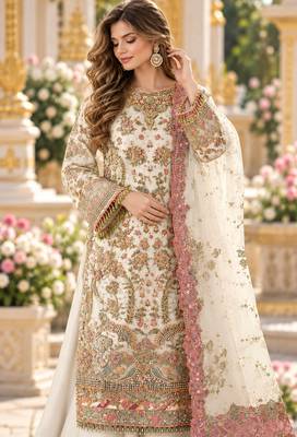 White chiffon semi stitched suit with embroidery & sequence work 2