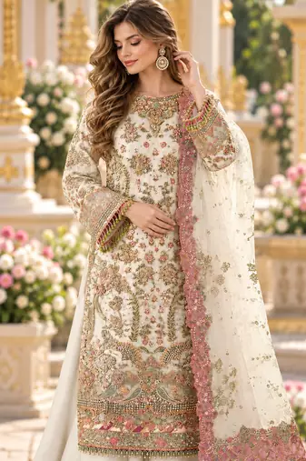 White chiffon semi stitched suit with embroidery & sequence work
