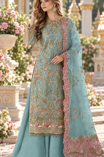 Blue chiffon semi stitched suit with embroidery & sequence work