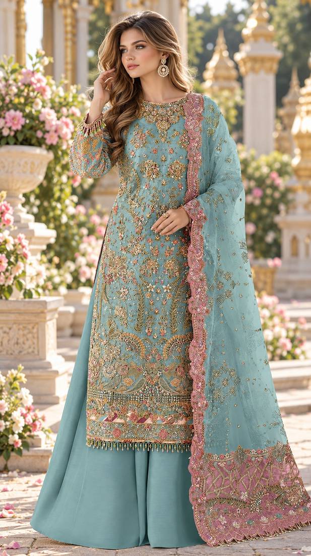 Blue chiffon semi stitched suit with embroidery & sequence work