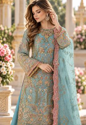 Blue chiffon semi stitched suit with embroidery & sequence work 2