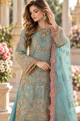 Blue chiffon semi stitched suit with embroidery & sequence work
