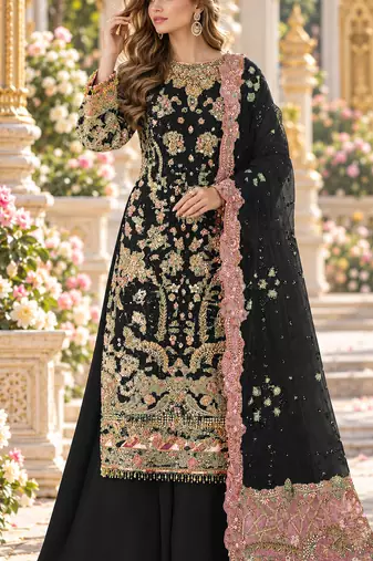 Black chiffon semi stitched suit with embroidery & sequence work