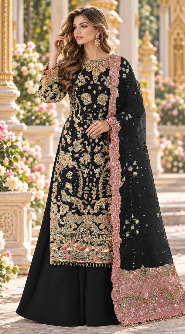 Black chiffon semi stitched suit with embroidery & sequence work