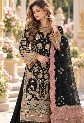 Black chiffon semi stitched suit with embroidery & sequence work 2