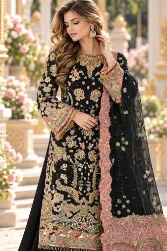 Black chiffon semi stitched suit with embroidery & sequence work