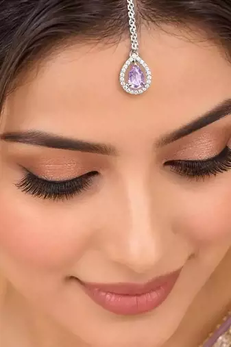 Purple Teardrop Maang Tikka, Silver Tone Bridal Headpiece