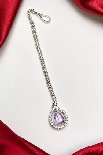 Purple Teardrop Maang Tikka, Silver Tone Bridal Headpiece