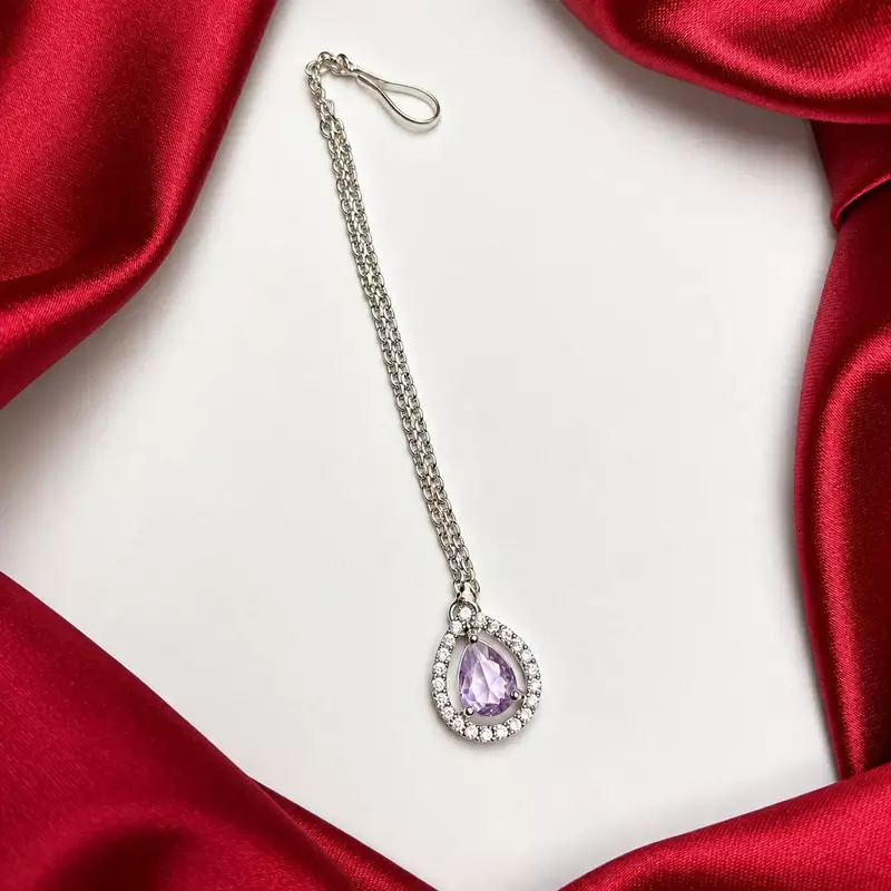 Purple Teardrop Maang Tikka, Silver Tone Bridal Headpiece