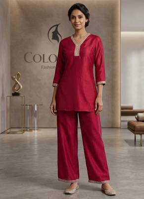 Pink vichitra silk embroidered 2 piece co-ord sets for women 1