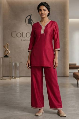 Pink vichitra silk embroidered 2 piece co-ord sets for women