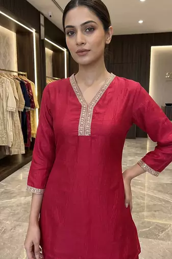 Pink vichitra silk embroidered 2 piece co-ord sets for women