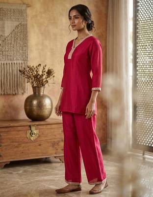 Pink vichitra silk embroidered 2 piece co-ord sets for women 3