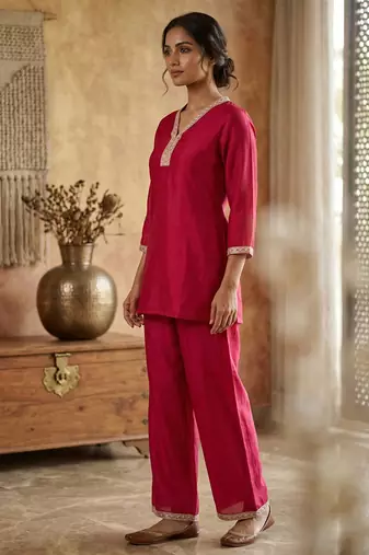 Pink vichitra silk embroidered 2 piece co-ord sets for women