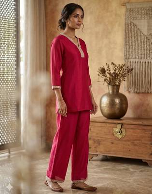 Pink vichitra silk embroidered 2 piece co-ord sets for women 4