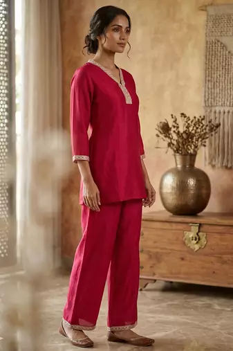 Pink vichitra silk embroidered 2 piece co-ord sets for women
