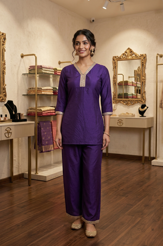 Purple vichitra silk embroidered 2 piece co-ord sets for women