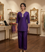 Purple vichitra silk embroidered 2 piece co-ord sets for women