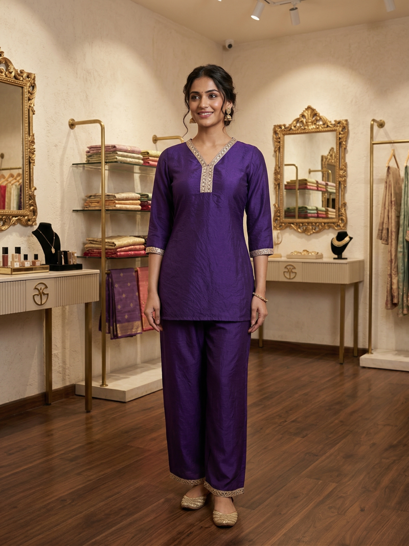 Purple vichitra silk embroidered 2 piece co-ord sets for women