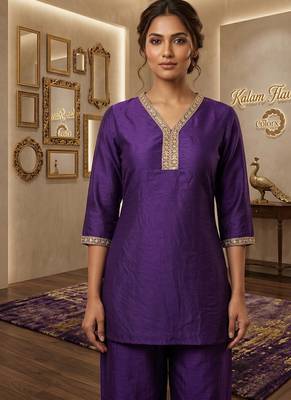 Purple vichitra silk embroidered 2 piece co-ord sets for women 2