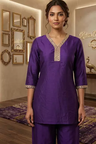Purple vichitra silk embroidered 2 piece co-ord sets for women