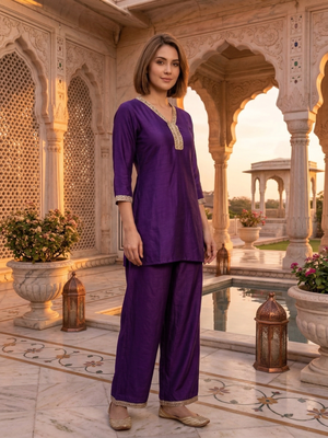 Purple vichitra silk embroidered 2 piece co-ord sets for women 3